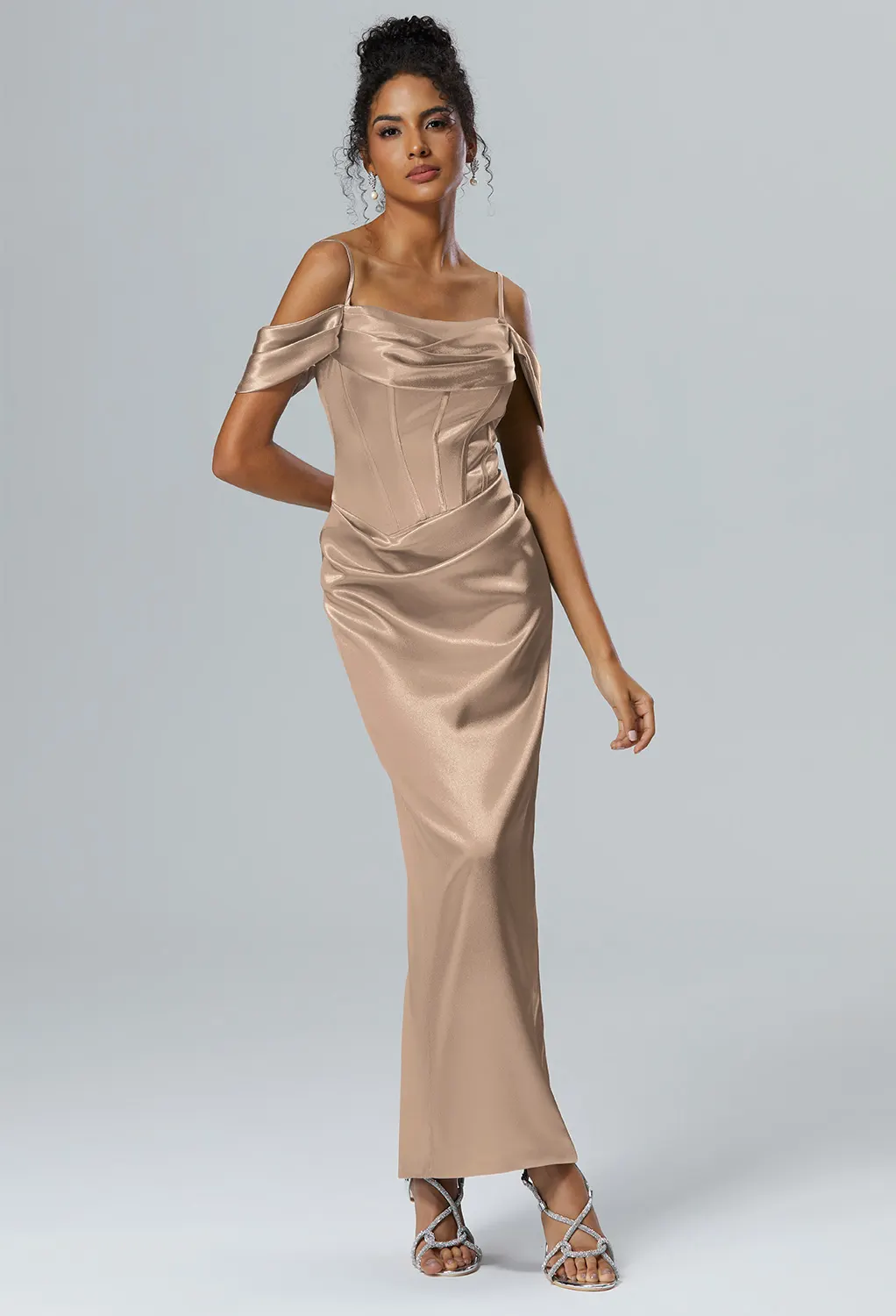 Taupe, Satin Charmeuse, Corset Long Bridesmaid Dresses | AW.Bridal
